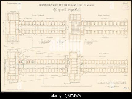 Architetto sconosciuto, carcere centrale per la provincia di Poznan a Wrronke (1889-1889): Prigione giovane: Pianta piano terra, dal 1st al 3rd piano superiore 1: 200. Inchiostro colorato, acquerello, via litografia su cartone, 46,6 x 66,5 cm (compresi i bordi di scansione) N. : Zentralgefängnis für die Provinz Posen, Wronke Foto Stock