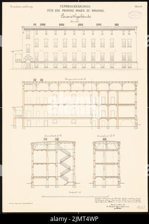 Architetto sconosciuto, carcere centrale per la provincia di Poznan a Wrronke (1889-1889): Costruzione ospedaliera: Lacerazione, sezione longitudinale, sezioni trasversali 1: 100. Acquerello litografico sulla scatola, 67,4 x 46,9 cm (compresi i bordi di scansione) N. : Zentralgefängnis für die Provinz Posen, Wronke Foto Stock