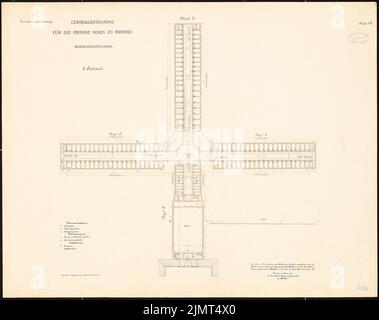 Architetto sconosciuto, prigione centrale per la provincia di Poznan a Wrronke (1889-1889): Prigione degli uomini: Piano 2nd piano 1: 250. Inchiostro colorato, acquerello, via litografia su cartone, 67,2 x 85 cm (compresi i bordi di scansione) N. : Zentralgefängnis für die Provinz Posen, Wronke Foto Stock