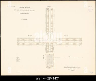 Architetto sconosciuto, prigione centrale per la provincia di Poznan a Wrronke (1889-1889): Prigione degli uomini: Piano 3rd piano 1: 250. Acquerello litografico su cartone, 67,4 x 84,8 cm (compresi i bordi di scansione) N. : Zentralgefängnis für die Provinz Posen, Wronke Foto Stock