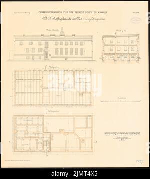 Architetto sconosciuto, carcere centrale per la provincia di Poznan a Wrronke (1889-1889): Prigione maschile - edificio agricolo: Cantina piano, sottotetto, vista frontale turmoil, sezione trasversale 1: 100. Acquerello litografico sulla scatola, 68,8 x 61 cm (compresi i bordi di scansione) N. : Zentralgefängnis für die Provinz Posen, Wronke Foto Stock