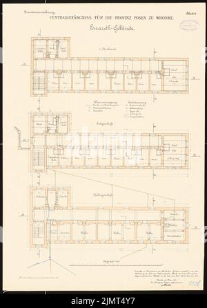 Architetto sconosciuto, prigione centrale per la provincia di Poznan a Wrronke (1889-1889): Costruzione ospedaliera: Pianta Keller, piano terra, piano superiore 1: 100. Colore inchiostro, acquarello, via litografia su cartone, 67,1 x 47,2 cm (compresi i bordi di scansione) N. : Zentralgefängnis für die Provinz Posen, Wronke Foto Stock