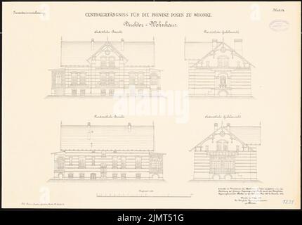 Sconosciuto architetto, carcere centrale per la provincia di Poznan a Wrronke (1889-1889): Edificio residenziale del direttore: Vista nord-est superiore, vista sud-est, vista nord-ovest, vista sud-ovest 1.100. Litografia su cartone, 46,7 x 66,9 cm (compresi i bordi di scansione) N. : Zentralgefängnis für die Provinz Posen, Wronke Foto Stock