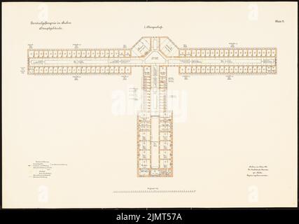 Architetto sconosciuto, prigione centrale, Mühlenweg, Stuhm. Edificio principale (1917): Pianta 1st piano 1: 150. Inchiostro colorato, acquerello, via litografia su cartone, 71,2 x 101,4 cm (compresi i bordi di scansione) N. : Zentralgefängnis, Mühlenweg, Stuhm. Hauptgebäude Foto Stock