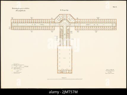 Architetto sconosciuto, prigione centrale, Mühlenweg, Stuhm. Edificio principale (1917): Pianta 3rd piano 1: 150. Inchiostro colorato, acquerello, via litografia su cartone, 71,1 x 101,4 cm (compresi i bordi di scansione) N. : Zentralgefängnis, Mühlenweg, Stuhm. Hauptgebäude Foto Stock