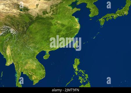 Mappa dell'Asia orientale in foto satellitare, Cina e Taiwan al centro. Mappa fisica dettagliata di Eurasia sud-est, topografia della Cina. Terreno verde, mare blu Foto Stock