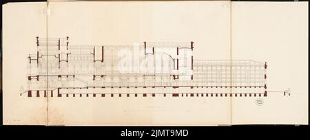 Hossfeld Oskar (1848-1915), Landesbibliothek Berlino. Schinkel Competition 1875 (1875): Sezione longitudinale; barra graduata. Acquerello Tusche sulla scatola, 53,8 x 131,7 cm (compresi i bordi di scansione) Hossfeld Oskar (1848-1915): Landesbibliothek Berlino. Schinkelwettbewerb 1875 Foto Stock