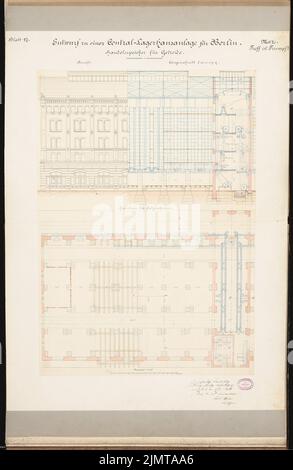 Plock Carl (nato nel 1851), magazzini e Packhof per Berlino. Schinkel Competition 1880 (1880): Magazzino (cereali): (In sezioni :) piano terra, vista laterale, sezione longitudinale. Acquerello Tusche sulla scatola, 97 x 63,2 cm (compresi i bordi di scansione) Plock Carl (geb. 1851): Lagerhäuser und Packhof, Berlino. Schinkelwettbewerb 1880 Foto Stock