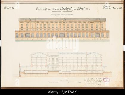 Plock Carl (nato nel 1851), magazzini e Packhof per Berlino. Schinkel Competition 1880 (1880): Packhof: RISS Vista dell'acqua, sezione trasversale 1: 200; Scala bar. Acquerello Tusche sulla scatola, 46,6 x 65,2 cm (compresi i bordi di scansione) Plock Carl (geb. 1851): Lagerhäuser und Packhof, Berlino. Schinkelwettbewerb 1880 Foto Stock