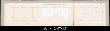 Plock Carl (nato nel 1851), magazzini e Packhof per Berlino. Schinkel Competition 1880 (1880): Sistema di magazzino: Piano interrato, piano terra, 1st piano, 2nd piano 1: 100; Scala bar. Acquerello Tusche sulla scatola, 47,7 x 194,7 cm (compresi i bordi di scansione) Plock Carl (geb. 1851): Lagerhäuser und Packhof, Berlino. Schinkelwettbewerb 1880 Foto Stock