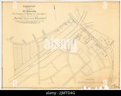 Taut Bruno (1880-1938), Gartenstadt Falkenberg a Berlino-Altglienicke (1932): Altglienicke, pianta del sito. Matita colorata su trasparente, 58,1 x 78 cm (compresi i bordi di scansione) tesa Bruno (1880-1938): Gartenstadt Falkenberg, Berlin-Altglienicke Foto Stock