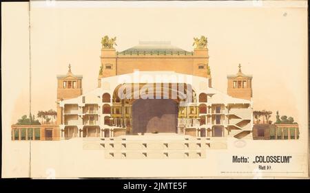 Krüger Theodor (1818-1885), Teatro dell'Opera di Lützowplatz a Berlino (1883): Sezione trasversale attraverso l'auditorium. Acquerello Tusche, bianco e oro, con bordo in cartone, 54,2 x 93,4 cm (compresi i bordi di scansione) Krüger Theodor (1818-1885): Opernhaus am Lützowplatz, Berlino. Schinkelwettbewerb 1883 Foto Stock