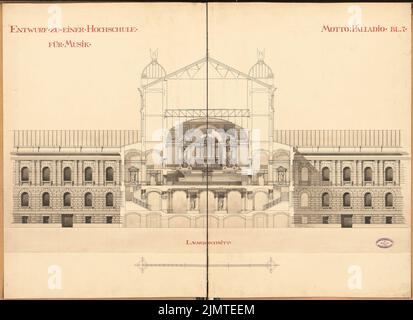 Boethke Julius (1864-1907), Università della Musica. Schinkel Competition 1890 (1890): Sezione longitudinale. Acquerello Tusche sulla scatola, 70,3 x 96,7 cm (compresi i bordi di scansione) Boethke Julius (1864-1907): Hochschule für Musik, Berlino. Schinkelwettbewerb 1890 Foto Stock