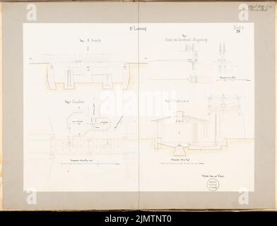 Post Carl (nato nel 1844), ponte di svolta. Concorso mensile Aprile 1876 (04,1876): Costruzione del meccanismo rotante in planimetria, profilo, taglio e dettagli; 2 strisce in scala. Acquerello Tusche su carta, 57,9 x 75,6 cm (inclusi i bordi di scansione) Post Carl (geb. 1844): Drehbrücke. Monatskonkurrenz Aprile 1876 Foto Stock