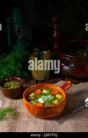 Zuppa di cetrioli acida polacca con aneto Foto Stock