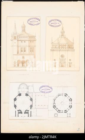 Strack Heinrich (1841-1912), Incoronata in Lodi e S. Maria in Busto Arsizio (1877): Volgendo le facciate principali di entrambe le chiese, pianta e sinossi di tre piani dell'Incoronata in Lodi. Acquerello Tusche sulla scatola, 46 x 29,4 cm (compresi i bordi di scansione) Strack Heinrich (1841-1912): Incoronata, Lodi und S. Maria, Busto Arsizio Foto Stock