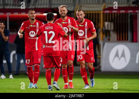 Christian Gytkjaer (AC Monza) celebra il suo traguardo durante la Coppa Italia, Coppa Italia, partita di calcio 1st round tra AC Monza e Frosinone Calcio il 7 agosto 2022 allo Stadio Brianteo di Monza, Italia - Foto Morgese-Rossini/DPPI Foto Stock