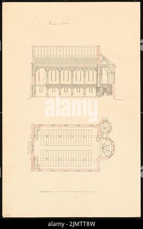 Stüler agosto (1800-1865), chiesa di Samter (ca 1854): pianta del pavimento, sezione longitudinale. Acquerello Tusche su carta, 53,3 x 34,7 cm (compresi i bordi di scansione) Stüler Friedrich Agosto (1800-1865): Kirche, Samter Foto Stock