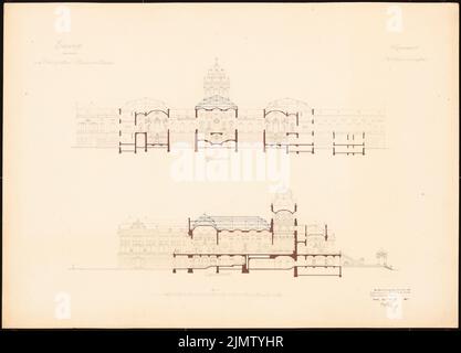 Vogel Ewald (1873), Palazzo del Principe. Schinkel Competition 1901 (15 marzo 1901): Sezione longitudinale, sezione trasversale. Inchiostro, matita, inchiostro colorato, acquerello su cartone, 74 x 102,8 cm (compresi i bordi di scansione) Vogel Ewald (geb. 1873): Palazzo Prinzliches. Schinkelwettbewerb 1901 Foto Stock