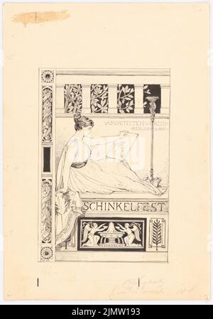 Klingholz Fritz (1861-1921), invito allo Schinkelfest dell'associazione architettonica (13.03.1897): Viste e testo. Inchiostro e matita su cartone, 37,3 x 26,1 cm (compresi i bordi di scansione) Klingholz Fritz (1861-1921): Einladung zum Schinkelfest des Architektenvereins Foto Stock