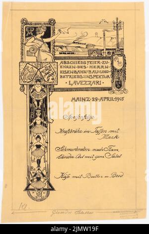 Klingholz Fritz (1861-1921), invito al partito d'addio dell'ispettore della costruzione e della gestione ferroviaria Lavezzari (29.04.1905): Viste e testo. Inchiostro, matita su trasparente, 37,9 x 25,3 cm (compresi i bordi di scansione) Klingholz Fritz (1861-1921): Einladung zur Abschiedsfeier des Eisenbahnbau- und Betriebsinspektors Lavezzari Foto Stock