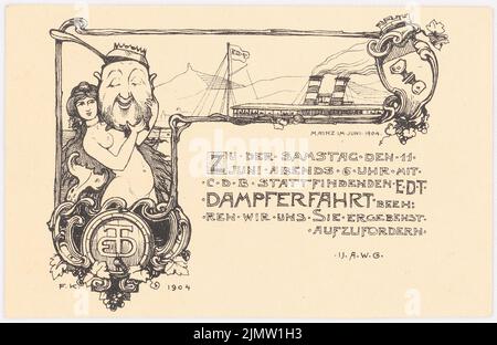 Klingholz Fritz (1861-1921), carta d'invito per il viaggio in vaporetto a Magonza (11 giugno 1904): Viste (variante per Inv.No. 19716). Pressione su cartone, 9,7 x 14,9 cm (compresi i bordi di scansione) Klingholz Fritz (1861-1921): Einladungskarte zur Dampferfahrt, Magonza Foto Stock