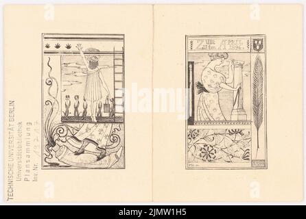 Klingholz Fritz (1861-1921), mappa per il festival casual (11 aprile 1896): Viste a coperchio e posteriore, testo interno. Pressione su cartone, 10,4 x 15,4 cm (compresi i bordi di scansione) Klingholz Fritz (1861-1921): Karte zum zwanglosen Fest Foto Stock