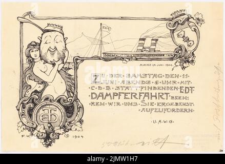 Klingholz Fritz (1861-1921), carta d'invito per il viaggio in vaporetto a Magonza (11 giugno 1904): Viste e testo (variante per Inv.No. 19715). Inchiostro su carta, 17 x 24,8 cm (compresi i bordi di scansione) Klingholz Fritz (1861-1921): Einladungskarte zur Dampferfahrt, Magonza Foto Stock