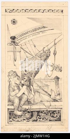 Klingholz Fritz (1861-1921), menu dell'associazione di architetti a Berlino (30 gennaio 1897): Viste, stampa modello per Inv. N. 19713. Inchiostro su cartone, 29,3 x 15,5 cm (compresi i bordi di scansione) Klingholz Fritz (1861-1921): Speisekarte des Architektenverein a Berlino Foto Stock