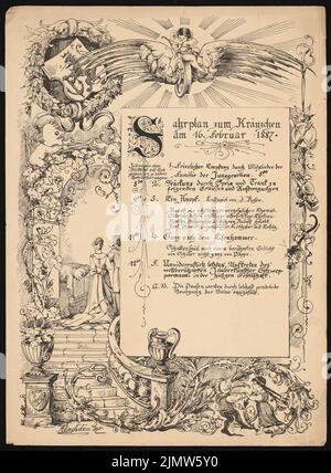 Klingholz Fritz (1861-1921), scheda da tavolo: Orario per un Kränzchen (16.02.1887): Viste e testo. Pressione su cartone, 37,1 x 27,3 cm (compresi i bordi di scansione) Klingholz Fritz (1861-1921): Tischkarte: Fahrplan zum Kränzchen Foto Stock