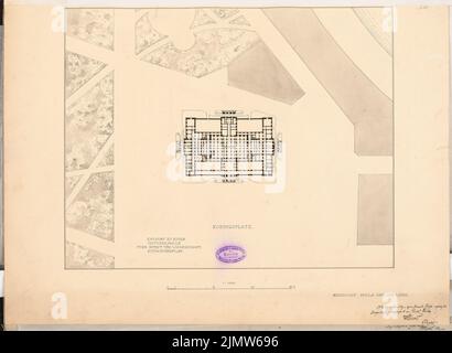 Herold Reinhard, sala nazionale per l'arte e la scienza a Königsplatz a Berlino. Concorso Schinkel 1896 (1896): Pianta del sito 1: 1000. Acquerello Tusche sulla scatola, 42,7 x 58,4 cm (compresi i bordi di scansione) Herold Reinhard : Nationalhalle für Kunst und Wissenschaft am Königsplatz, Berlino. Schinkelwettbewerb 1896 Foto Stock