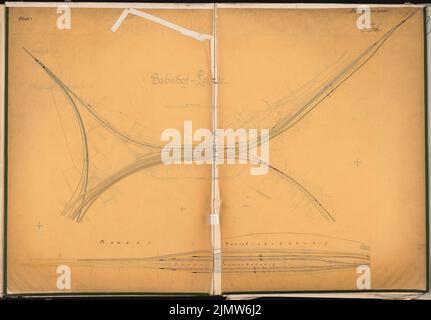 Wolff William, stazione ferroviaria di conversione a Lehrte. Schinkel concorrenza 1902 (22.03.1902): Piano dipendente 1: 2000 e pianificazione dei binari. Inchiostro, inchiostro colorato su trasparente, compresa pressione su cartone, 85,9 x 123,6 cm (compresi i bordi di scansione) Wolff William : Umbau Bahnhof, Lehrte. Schinkelwettbewerb 1902 Foto Stock