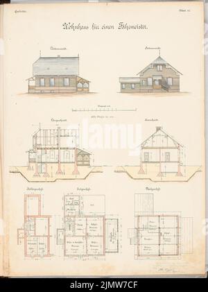 Franzius otto, traghetto sospeso sul canale di Kaiser Wilhelm (canale di Ostsee Nord) vicino a Brunsbüttel. Schinkel Competition 1903 (15 agosto 1904): Edificio residenziale per un comandante di traghetti. Matita sull'inchiostro, acquerello color inchiostro sulla scatola, 67,1 x 50,2 cm (compresi i bordi di scansione) Franzius otto : Schwebefähre über den Kaiser-Wilhelm-Kanal (Nord-Ostsee-Kanal) bei Brunsbüttel. Schinkelwettbewerb 1903 Foto Stock