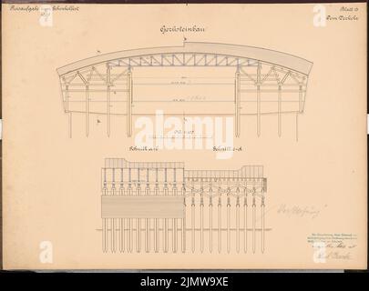 GERECKE Paul, canale ponte sul Weser per il canale Reno-uovo vicino Minden. Schinkel concorrenza 1905 (15.03.1905): Canale ponte: Refrigerazione. Vista, tagli 1: 100. Inchiostro, inchiostro colorato acquerello sulla scatola, 48,3 x 65,2 cm (compresi i bordi di scansione) Gerecke Paul : Brückenkanal über die Weser für den Rhein-Elbe-Kanal bei Minden. Schinkelwettbewerb 1905 Foto Stock