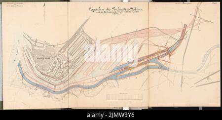Havestadt Christian (1852-1908), percorso muserale del canale Rhein-Herne e Ruhrorter Hafen, Duisburg. Concorso Schinkel 1907 (1907): Pianta del sito 1: 5000. Inchiostro, acquerello colorato sulla scatola, 67,9 x 137,3 cm (compresi i bordi di scansione) Havestadt Christian (1852-1908): Mündungsstrecke des Rhein-Herne-Kanals und Ruhrorter Hafen, Duisburg. Schinkelwettbewerb 1907 Foto Stock