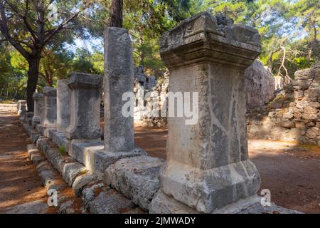 Antica strada lastricata colonnata a Phaselis, Turchia Foto Stock