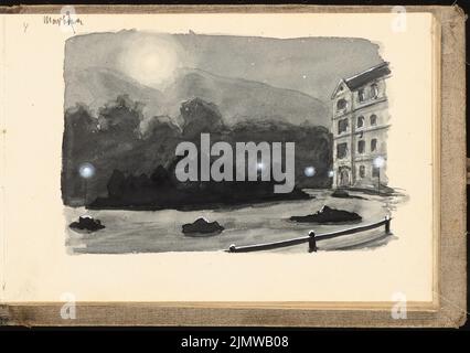 Michel Paul sen. (1877-1938), schizzbook. Acquerelli e disegni (ca 1900): Vista notturna del paesaggio montano, casa e strada in primo piano. Matita bianca acquerello su carta, 12,3 x 17,5 cm (compresi i bordi di scansione) Michel Paul sen. (1877-1938): Skizzenbuch. Aquarelle und Zeichnungen Foto Stock