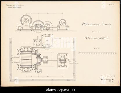 Todt, riprogettazione dell'impianto militare, di chiusura e di alimentazione nel Weser vicino a Münden. Schinkel Competition 1909 (03/19/1909): Chiusura Wehr: Dispositivo eolico. Taglia 1:10. Inchiostro su cartone, 50,9 x 70,8 cm (compresi i bordi di scansione) Todt : Umgestaltung der Wehr-, Schleusen- und Kraftanlage in der Weser, Hann. Münden. Schinkelwettbewerb 1909 Foto Stock