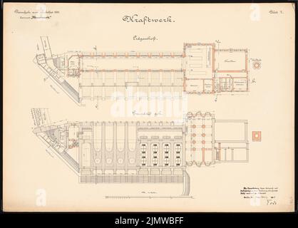 Todt, riprogettazione dell'impianto militare, di chiusura e di alimentazione nel Weser vicino a Münden. Schinkel Competition 1909 (03/19/1909): Kraftwerk. Piani 1: 200. Inchiostro, acquerello colorato con inchiostro sulla scatola, 50,9 x 71 cm (compresi i bordi di scansione) Todt : Umgestaltung der Wehr-, Schleusen- und Kraftanlage in der Weser, Hann. Münden. Schinkelwettbewerb 1909 Foto Stock