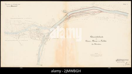 Todt, riprogettazione dell'impianto militare, di chiusura e di alimentazione nel Weser vicino a Münden. Concorso Schinkel 1909 (03/19/1909): Pianta del sito 1: 5000. Inchiostro colorato sopra pressione su cartone, 48,6 x 93,3 cm (compresi i bordi di scansione) Todt : Umgestaltung der Wehr-, Schleusen- und Kraftanlage in der Weser, Hann. Münden. Schinkelwettbewerb 1909 Foto Stock