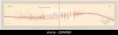 Blunck otto (1882-1919), collegamento tra la riva destra e sinistra del Reno e l'Ahrtalbahn. Schinkel concorso 1909 (03/19/1909): Stazione di Königswinter: Pianta del sito 1: 2000. Inchiostro -acquerello colorato a rottura sulla scatola, 27,8 x 108,8 cm (compresi i bordi di scansione) Blunck otto (1882-1919): Verbindung zwischen rechts- und linksrheinischer Bahn sowie der Ahrtalbahn. Schinkelwettbewerb 1909 Foto Stock