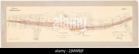 Blunck otto (1882-1919), collegamento tra la riva destra e sinistra del Reno e l'Ahrtalbahn. Schinkel competizione 1909 (03/19/1909): Stazione unkel: Pianta del sito 1: 2000. Inchiostro -acquerello colorato a rottura sulla scatola, 27,4 x 78,6 cm (compresi i bordi di scansione) Blunck otto (1882-1919): Verbindung zwischen rechts- und linksrheinischer Bahn sowie der Ahrtalbahn. Schinkelwettbewerb 1909 Foto Stock