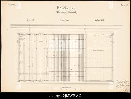 Koss Achmed (1887-1914), sistema portuale per Gdansk-Neufahrwasser. Schinkel Competition 1914 (14.03.1914): Kaischuppen (design di Amburgo). Pianta del piano, travi, supervisione del tetto 1: 200. Acquerello Tusche sulla scatola, 49,9 x 70,5 cm (compresi i bordi di scansione) Koss Achmed (1887-1914): Hafenanlage, Danzig-Neufahrwasser. Schinkelwettbewerb 1914 Foto Stock