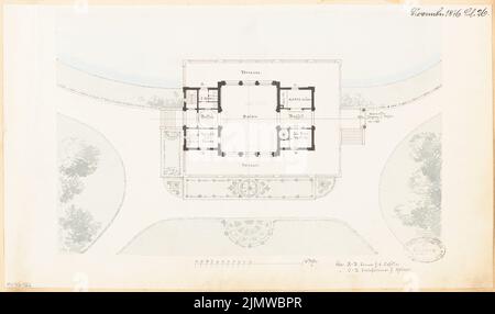 Sconosciuto architetto, salone del caffè nel Tiergarten di Berlino. Concorso mensile 1876 novembre (11,1876): Piano dipendente con piano piano terra; barra di carica, legenda per il piano superiore. Acquerello Tusche su carta, 26,8 x 45,4 cm (compresi i bordi di scansione) N. : Kaffeesalon im Tiergarten, Berlino. Monatskonkurrenz Novembre 1876 Foto Stock