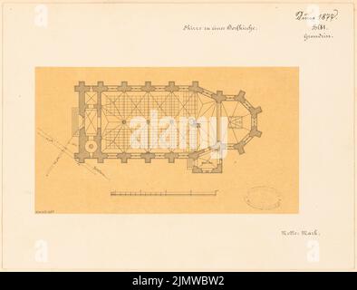 Architetto sconosciuto, chiesa del villaggio a due navate a Märkisches Brick per 300 posti. Concorso mensile Giugno 1877 (06,1877): Piano; Scala bar. Inchiostro su trasparente, 27 x 35,4 cm (inclusi i bordi di scansione) N. : Zweischiffige Dorfkirche in märkischem Backstein für 300 Sitzplätze. Monatskonkurrenz Juni 1877 Foto Stock