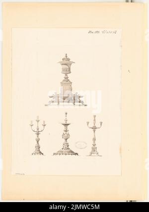 Zaar Carl (1849-1924), accessorio per tavolo. Concorso mensile Maggio 1877 (05,1877): Foto di disegni oroginali fusi: Viste di MK 43-061b e MK 43-062 e 2 candelieri. Foto su carta, 59,5 x 43,7 cm (inclusi i bordi di scansione) Zaar Carl (1849-1924): Tafelaufsatz. Monatskonkurrenz mai 1877 Foto Stock