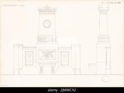 Architetto sconosciuto, monumento tomba per il Consigliere Privy Koch a Thale. Concorso mensile Novembre 1877 (11,1877): Vista frontale RISS, vista laterale. Inchiostro su cartone, 32,4 x 46,3 cm (inclusi i bordi di scansione) N. : Grabdenkmal für Geheimrat Koch, Thale. Monatskonkurrenz Novembre 1877 Foto Stock