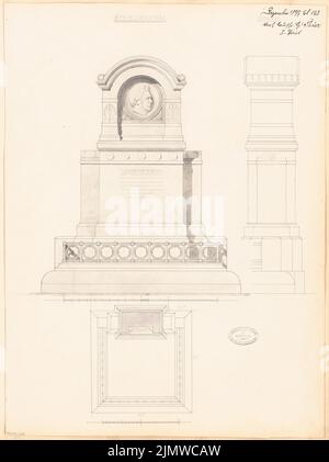 Thür Georg (1846-1924), monumento tomba del Consigliere Privy Stein a Stettin. Concorso mensile Dicembre 1877 (12,1877): Pianta del pavimento, vista frontale antistante, vista laterale; 2 strisce di scala. Acquerello Tusche sulla scatola, 56,7 x 42,4 cm (compresi i bordi di scansione) Thür Georg (1846-1924): Grabdenkmal für Geheimrat Stein, Stettin. Monatskonkurrenz Dezember 1877 Foto Stock