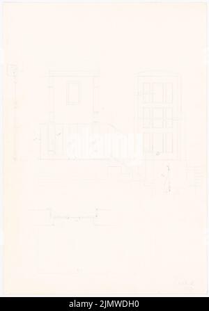 Michel Paul jun. (1922-1943), disegni costruttivi. Porte, scale (ca 1941): Scale RISS, porte, tagli, pianta del pavimento, dettaglio. Matita su cartone, 74,5 x 52,3 cm (compresi i bordi di scansione) Michel Paul jun. (1922-1943): Baukonstruktive Zeichnungen. Türen, Treppe Foto Stock