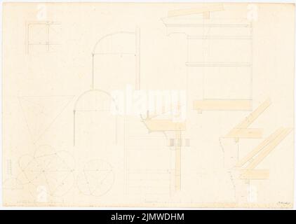 Michel Alfred (1843-1913), disegno della tecnologia edile: Costruzione del tetto (22 giugno 1868): Struttura del tetto in legno con grondaia: 7 tagli orizzontali, quattro disegni geometrici, 2 strisce in scala. Inchiostro e matita acquerello sulla scatola, 48,1 x 67,5 cm (compresi i bordi di scansione) Michel Alfred (1843-1913): Bautechnische Zeichnung: Dachkonstruktion Foto Stock